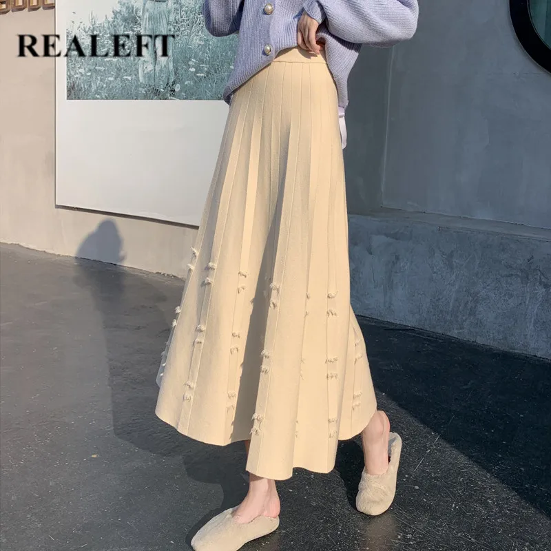 

REALEFT Thicken Knitting Long Pleated Skirts New 2021 Autumn Winter Solid Color High Waist Umbrella Skater Long Skirts Female