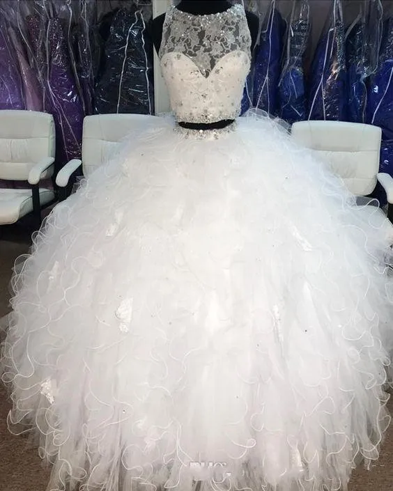 

ANGELSBRIDEP White 2 Pieces Ball Gown Wedding Dresses Elegant Lace Bodice Organza Formal Quinceanera Dresses Custom Make