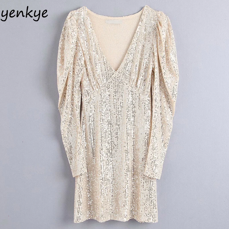 Женское платье с v образным вырезом и длинным рукавом высокой талией а силуэт