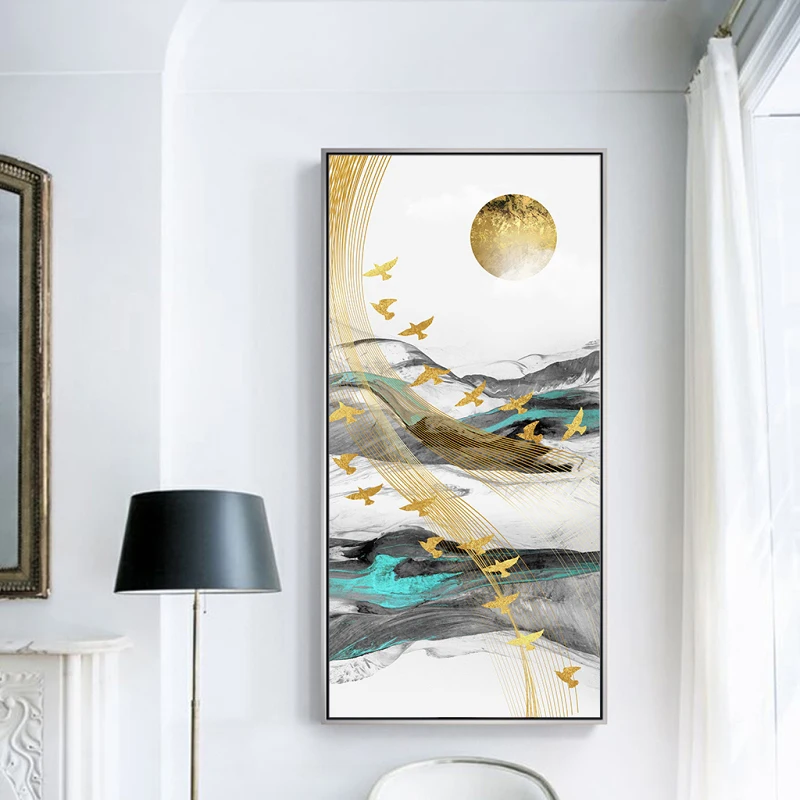 

Nordic Abstract Color Spalsh Blue Golden Canvas Gold Sun Painting Print Poster Wall Art Pictures for Living Room Bedroom 3-17