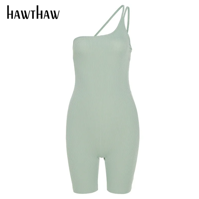

Hawthaw Women Casual Summer One Shoulder Soild Color Bodycon Sportswear Workout Romper Playsuit 2021 Female Clothing Streetwear