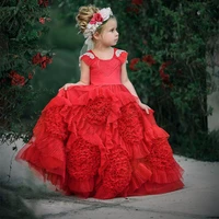 red fashion rufles princess flower girl dress baby kids birthday wedding party costumes first comunion vestido de comunion