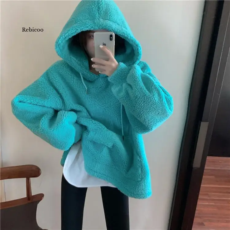 

Oversized Hoodie Streetwear Solid Harajuku Hoodie Winter Lambs Wool Warm and Thick Korean Style Loose Pocket Sweatshirt Women