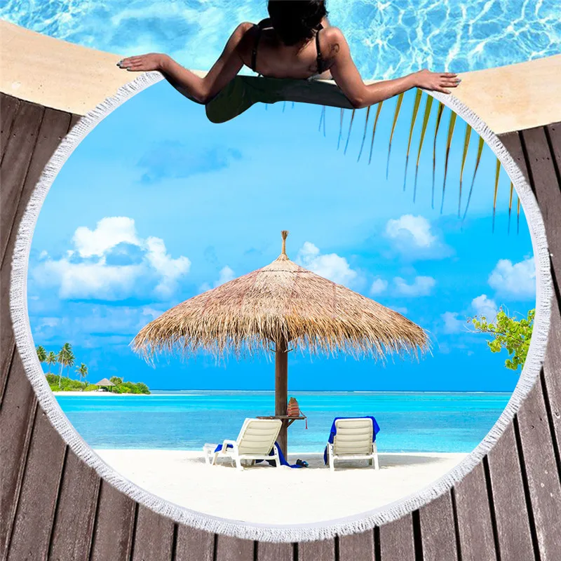 

Seaside view large round beach towel adult fringed summer bath towel printing microfiber 150cm yoga mat