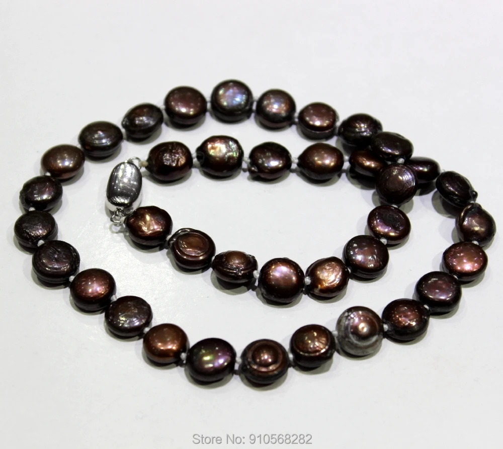 

YINANYIMEI Brown freshwater pearl necklace button shaped 10-10.5mm 18Inch