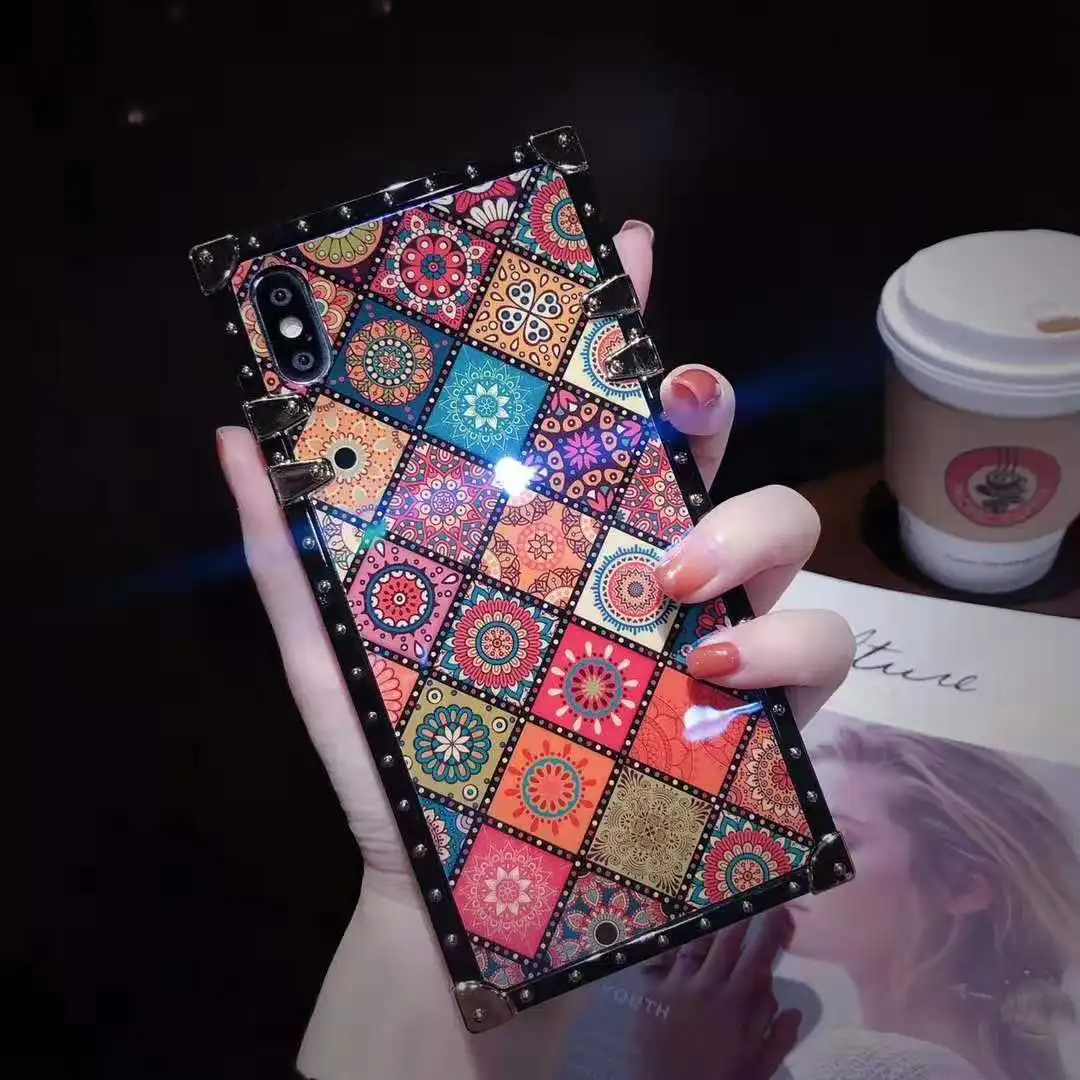 Square Right Angle Mobile Shell For XiaoMi 9 K20 Pro Gradient Rainbow Flash Powder Bee RedMi Note 7 Bohemian Style |