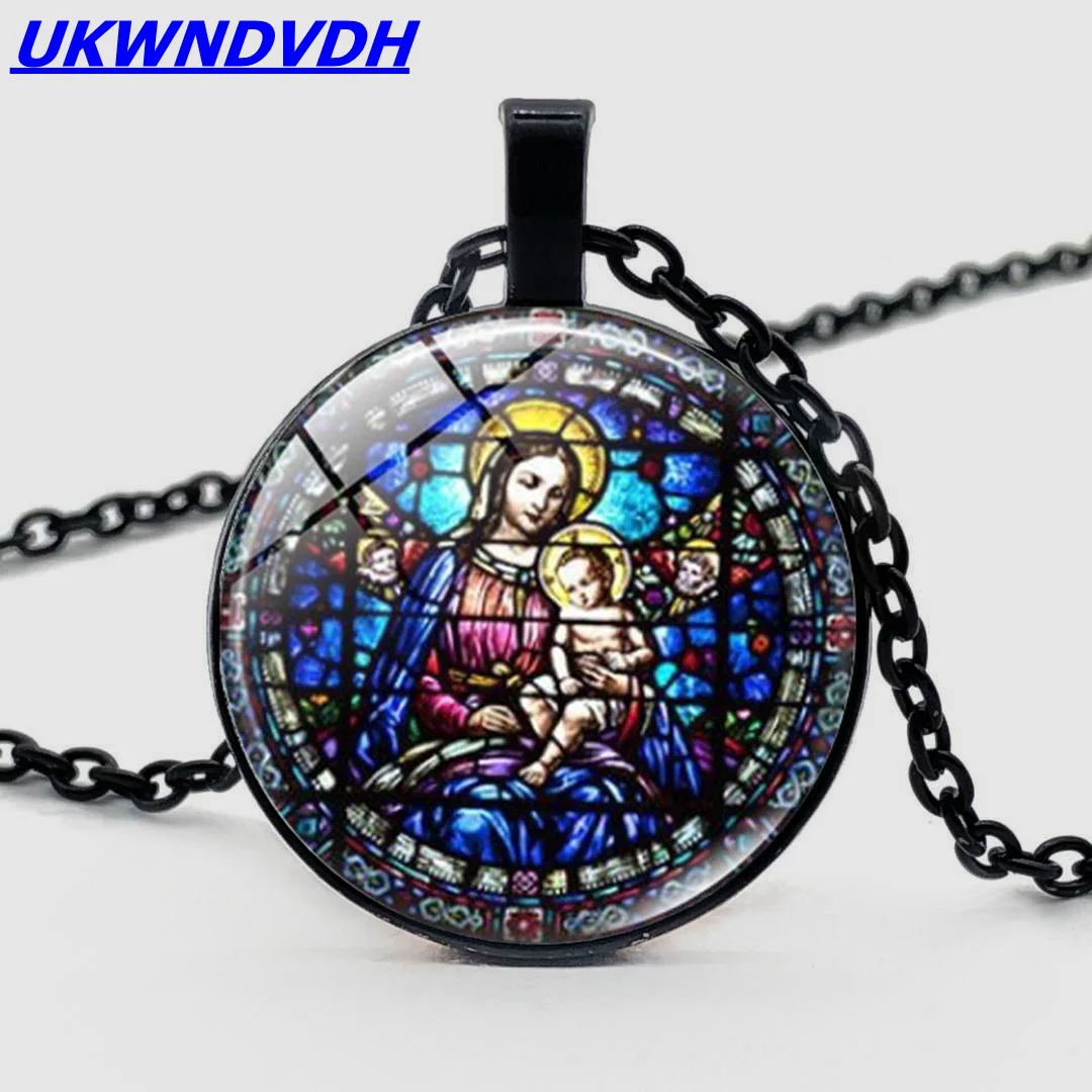 

Virgin Mary Bump Glass Pendant Necklace Religious Fashion Necklace for Men and Women