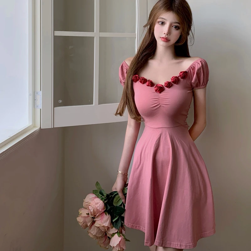 

2021 New Summer Women V-Neck Sexy Solid Kawaii Dresses Elegant Sweet Female High Street Casual Rose Flower Luxury Evening Dress