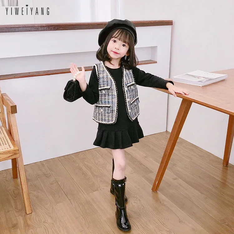 Осенне-зимний комплект одежды для маленьких девочек хлопковое черное платье с