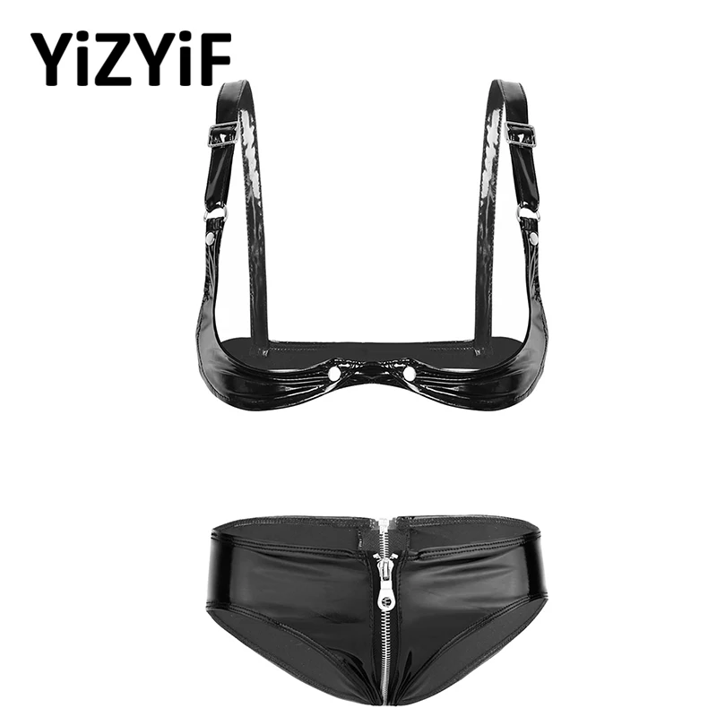 

Women Sexy Bra And Panty Set Open Cup Bra Top With Zipper Crotch Low Rise Bikini Briefs Underwear Erotic Lingerie Set Nightwear