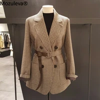 mozuleva korean plaid women work blazer jacket casual double breasted sashes suit jacket female 2021 slim female blazer outwear