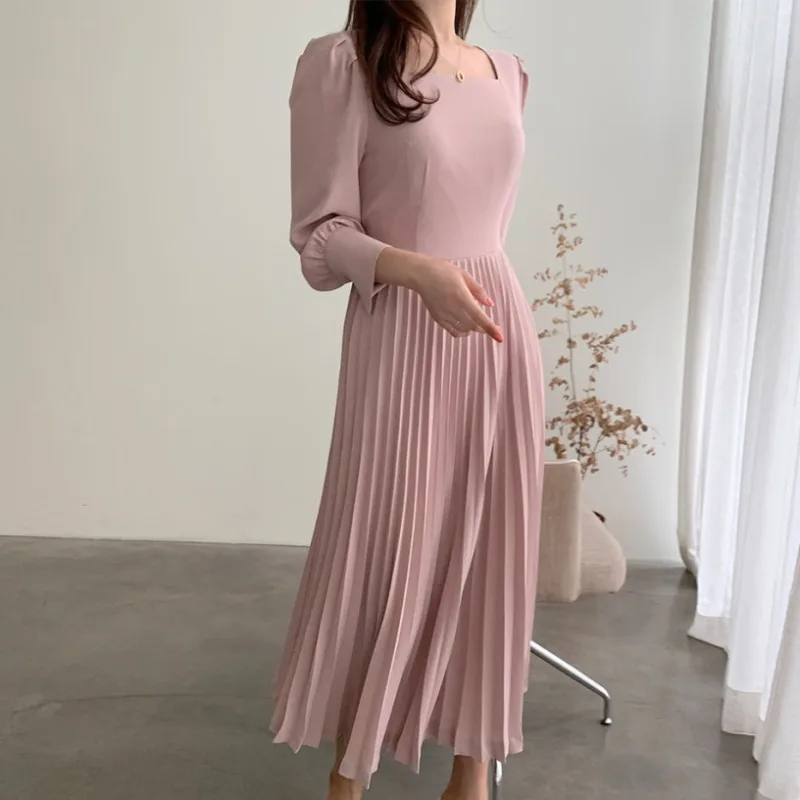 

Spring Office Women Pleated Dress For Female Square Collar Puff Sleeve Long Midi Dresses Elegant Vintage Party Dress Casual
