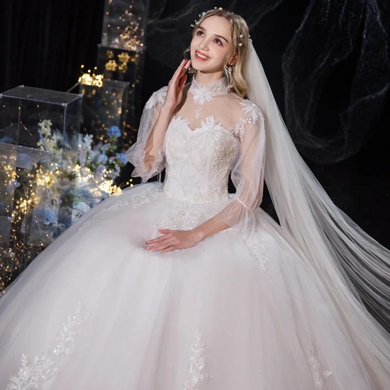 

High Neck Elegant Embroidery Wedding Dress White Tulle Half Sleeves Floor-Length Lace Up Plus Size Wedding Gowns For Women G155