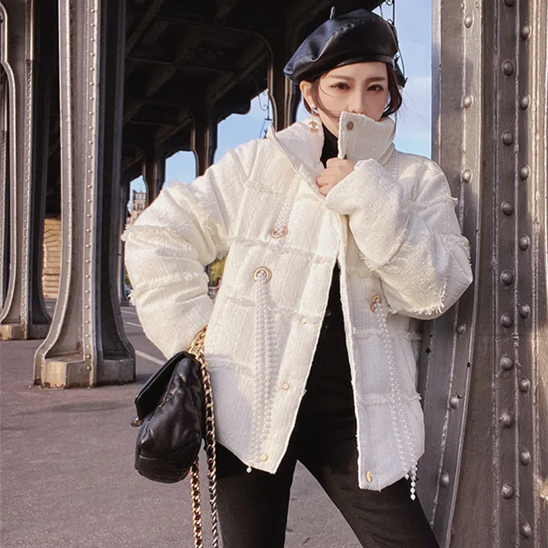 Женская твидовая парка с жемчужинами и бахромой теплая белая однобортная