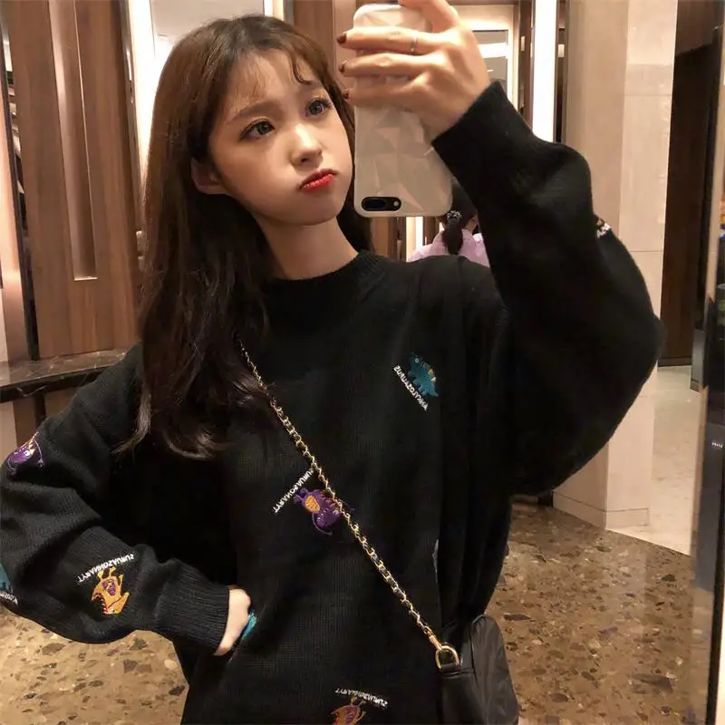 Женские свитера в японском стиле Kawaii Ulzzang Свободный пуловер с вышивкой женский