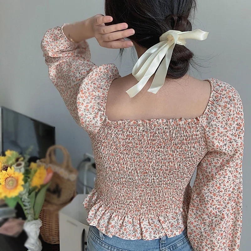 

Fashion Floral Print Square Collar Sexy Blouse Women Blusa Sweet Pleated Short Chiffon Shirt