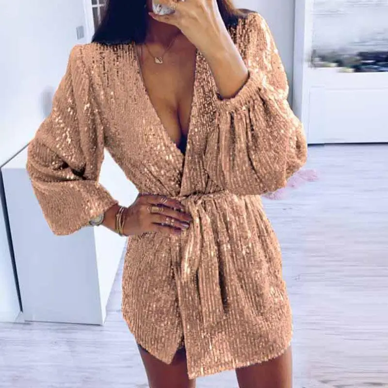 Женское платье с блестками облегающее для ночного клуба Короткие вечерние