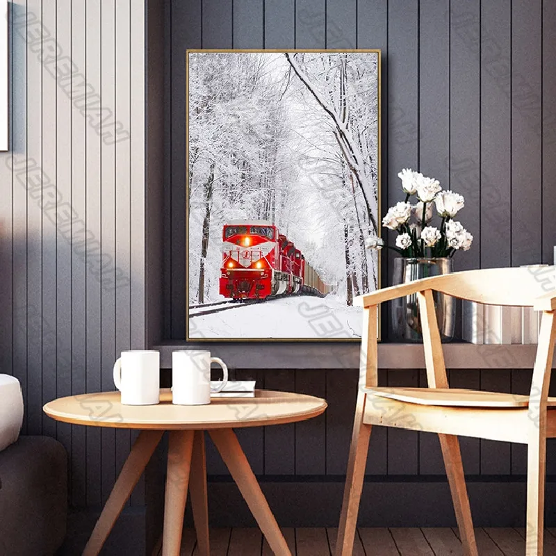 

Red Little Train Big Snow Mountain Poster Nordic Style Wall Art Canvas Print Painting Modern Living Room Decoration
