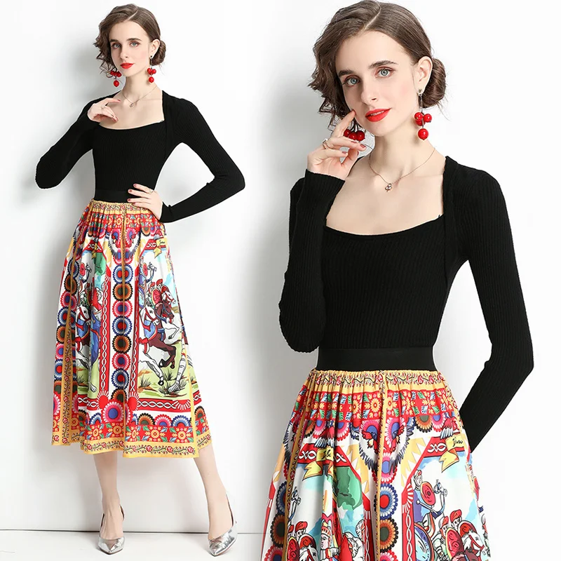 Женский трикотажный костюм из двух предметов черный свитер с длинным рукавом и