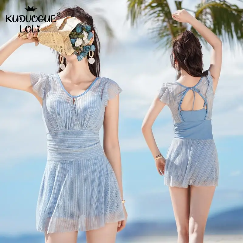 

Korean Style Swimsuit Young Women Sweet Girls One-Piece Mini Skirt-Style Fairy Hot Sexy Solid Color Cover Belly Swimwear Teens