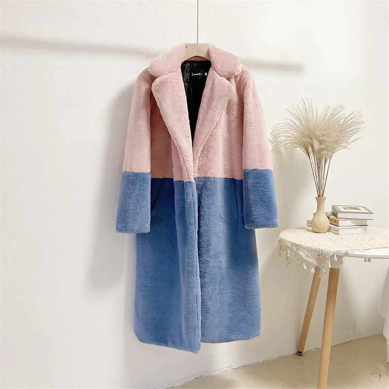 

Winter Loose Faux Mink Fur X-Long Jacket Fashion Spliced Color Warm Furry Fur Outerwear Thicken Coat Women Plus Size Clothes 5XL