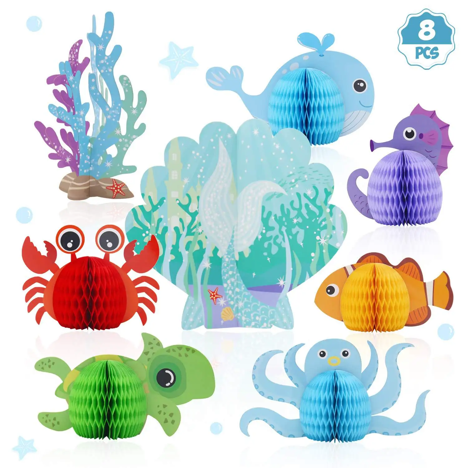 

8pcs Marine Animal Paper Honeycomb Ball Coral Crab Whale Ball Mermaid Party 123 Birthday Party Mermaid Theme Parti Under The Sea