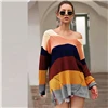 SHEIN Радуга Полосатый Падение плеча Длинный свитер женские топы осень уличная одежда с длинным рукавом V шеи негабаритных Сплит свитера
