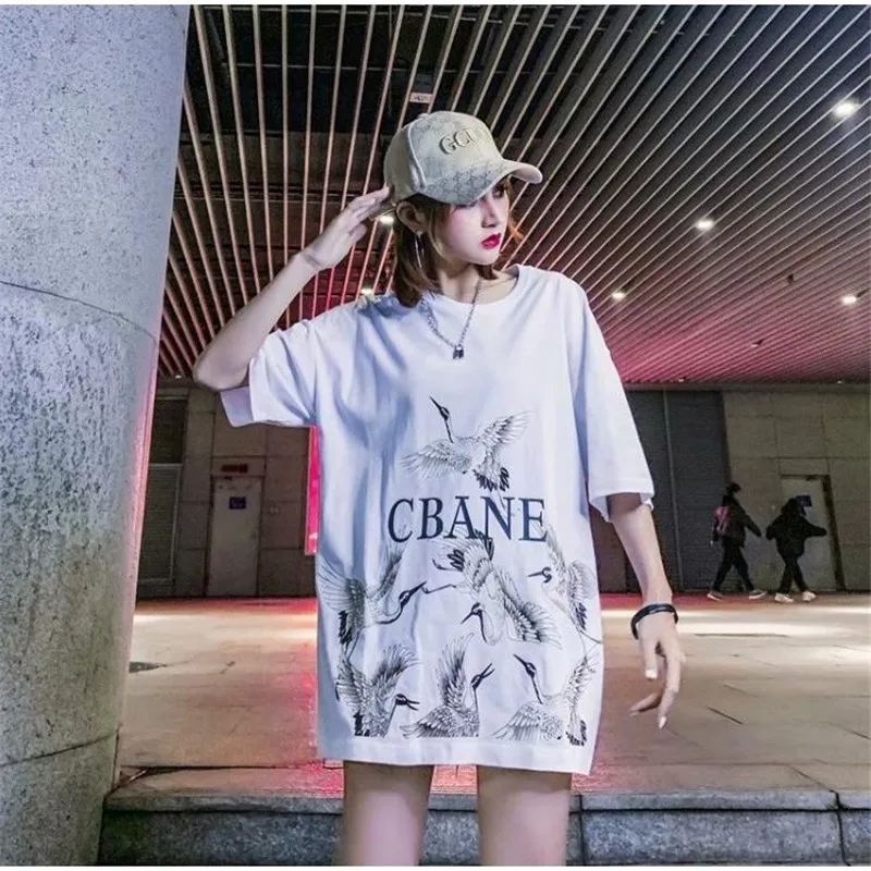 

Harajuku Streetwear Tshirt Couple T shirt Women Clothes Crane Print Oversize t-shirt Loose tops Lovers Shirt Loose Ins Hip-hop