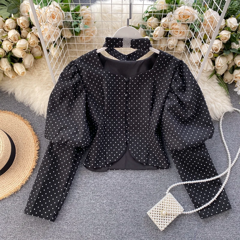 

Spring Chic Women Royal Style Puffy Sleeve Short Design Polka Dots Print Blouse Bowknot Necktie Trendy Top