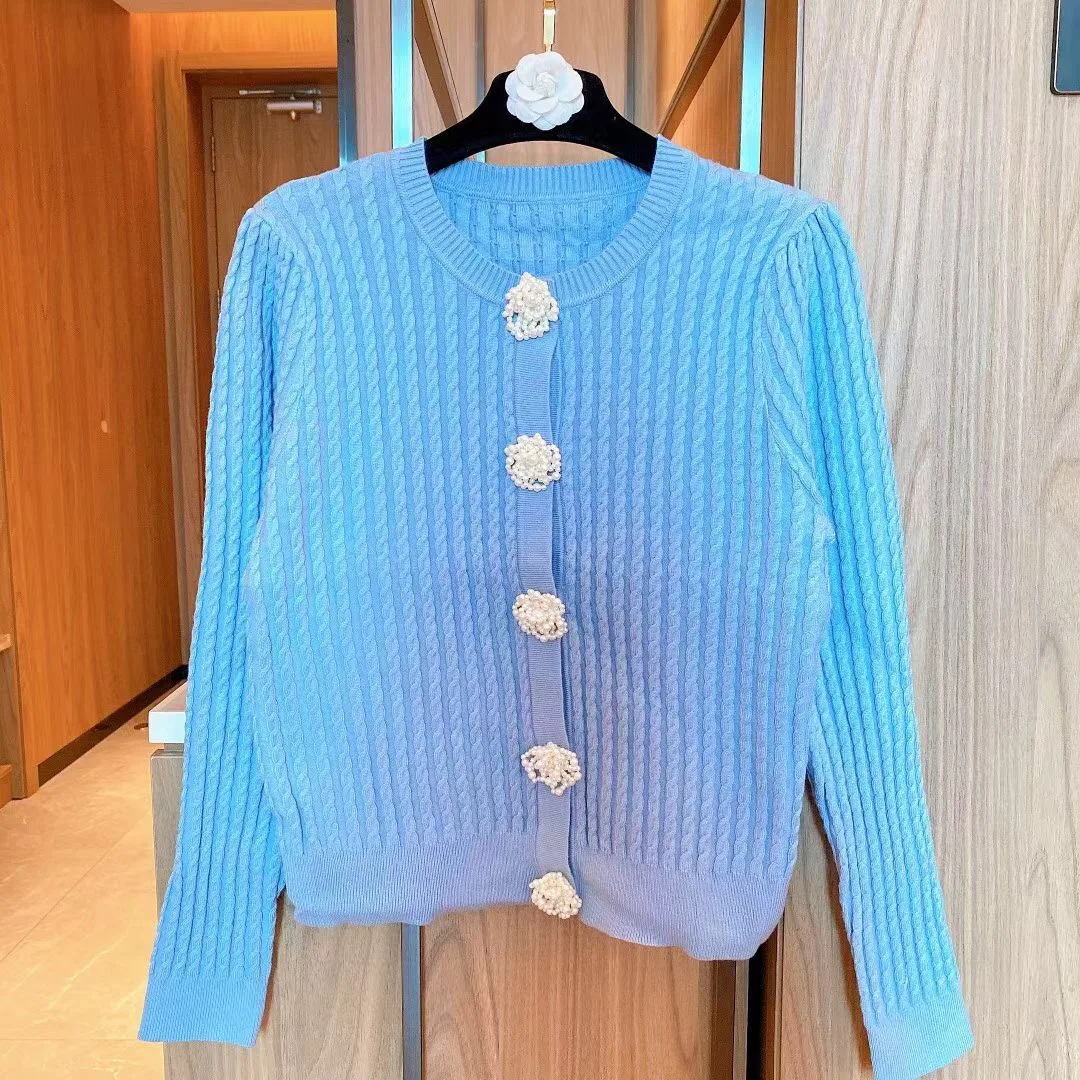 

Knitted Sweater Cardigans Women Luxury Beading Single Breasted High Street Vitnage Solid 2021 Autumn Winter Clothing Ladies Tops