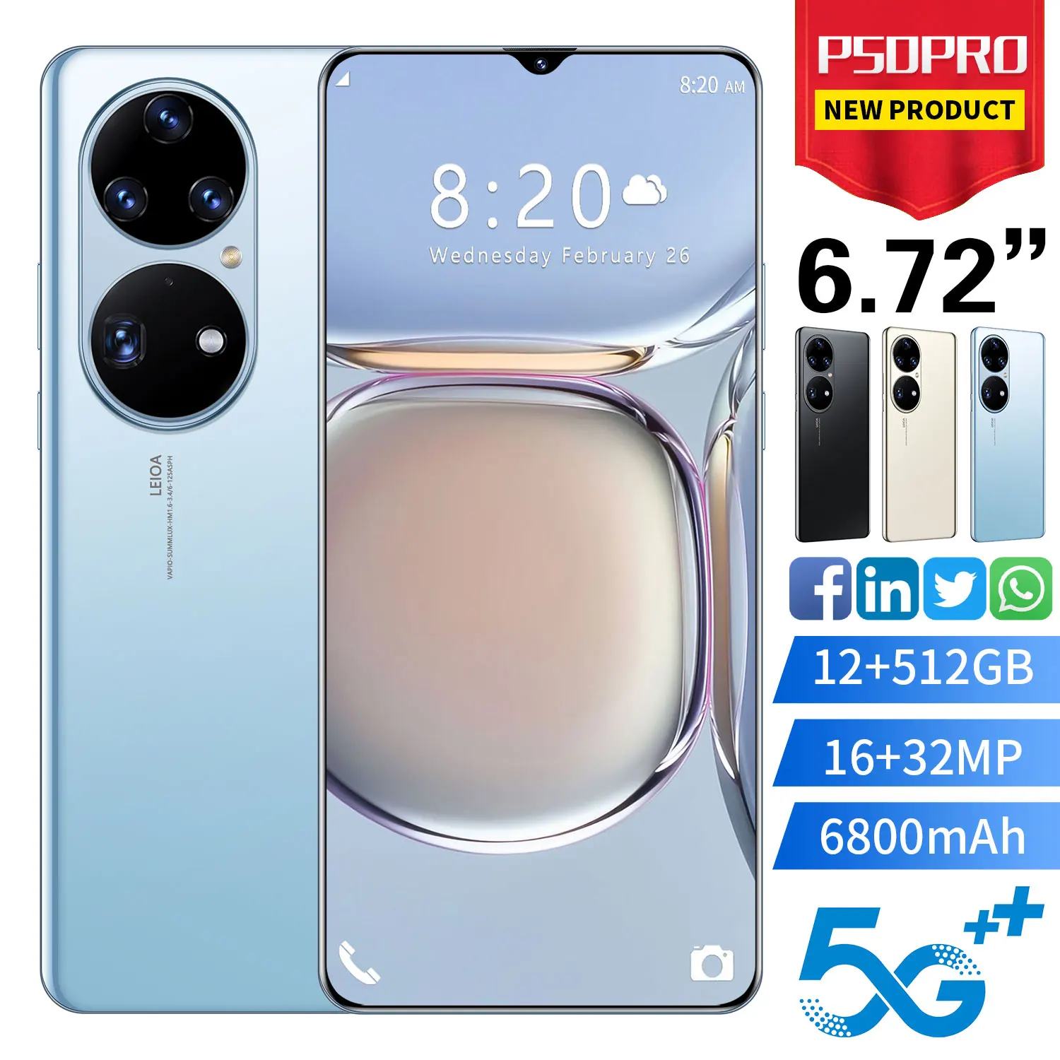 

Global Version P50 Pro 6.72 Inch 12GB+512GB Fingerprint ID 16+32MP Smartphone MTK6889 Deca Core 6800mAh Andriod Mobile Phones