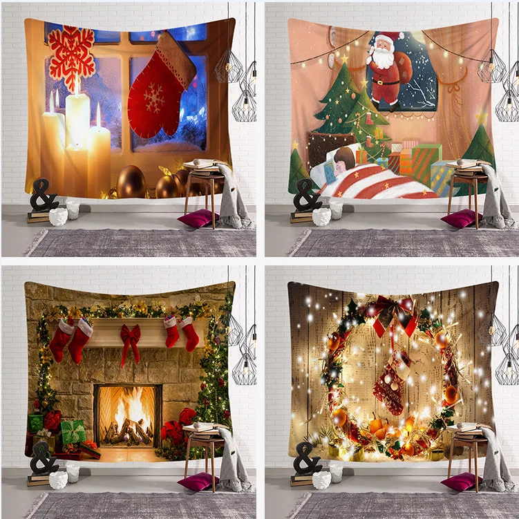

Christmas Tapestry Christmas Tree Fireplace Stockings Gifts Bells Wall Hanging Gorgeous Wall Tapestry Aesthetic Room Decor