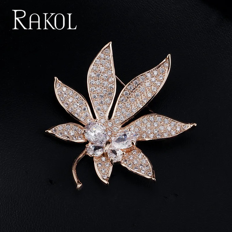 RAKOL Новая роскошная блестящая брошь в виде листа из кубического циркония ААА для