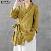 2021 zanzea women vintage blouse autumn long sleeve cotton shirt casual lapel neck lace up cardigan loose tunic tops work blusas