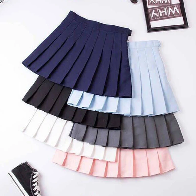 

Girls Women High Waisted Plain Pleated Skirt Skater Tennis School Uniforms A-line Mini Skirt with Lining Shorts FS99