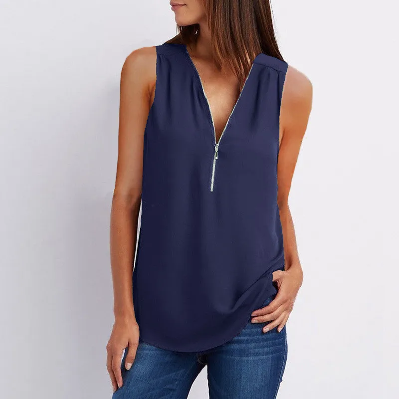 

V-Neck Zipper Sleeveless Women Tank T shirts Plus Size S-5XL Solid Loose Chiffon Shirt Ladies Tops Summer Casual Female T shirts