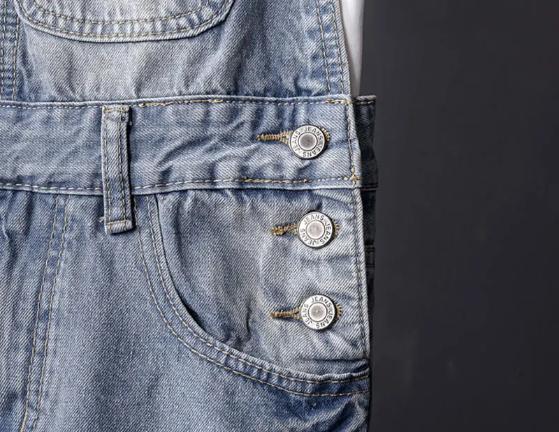 Man Ripped Jeans Bib Overalls Ankle Length Light Blue Streetwear Hip Hop Homme Hole Denim Jumpsuits Trousers Leisure Cargo Pants