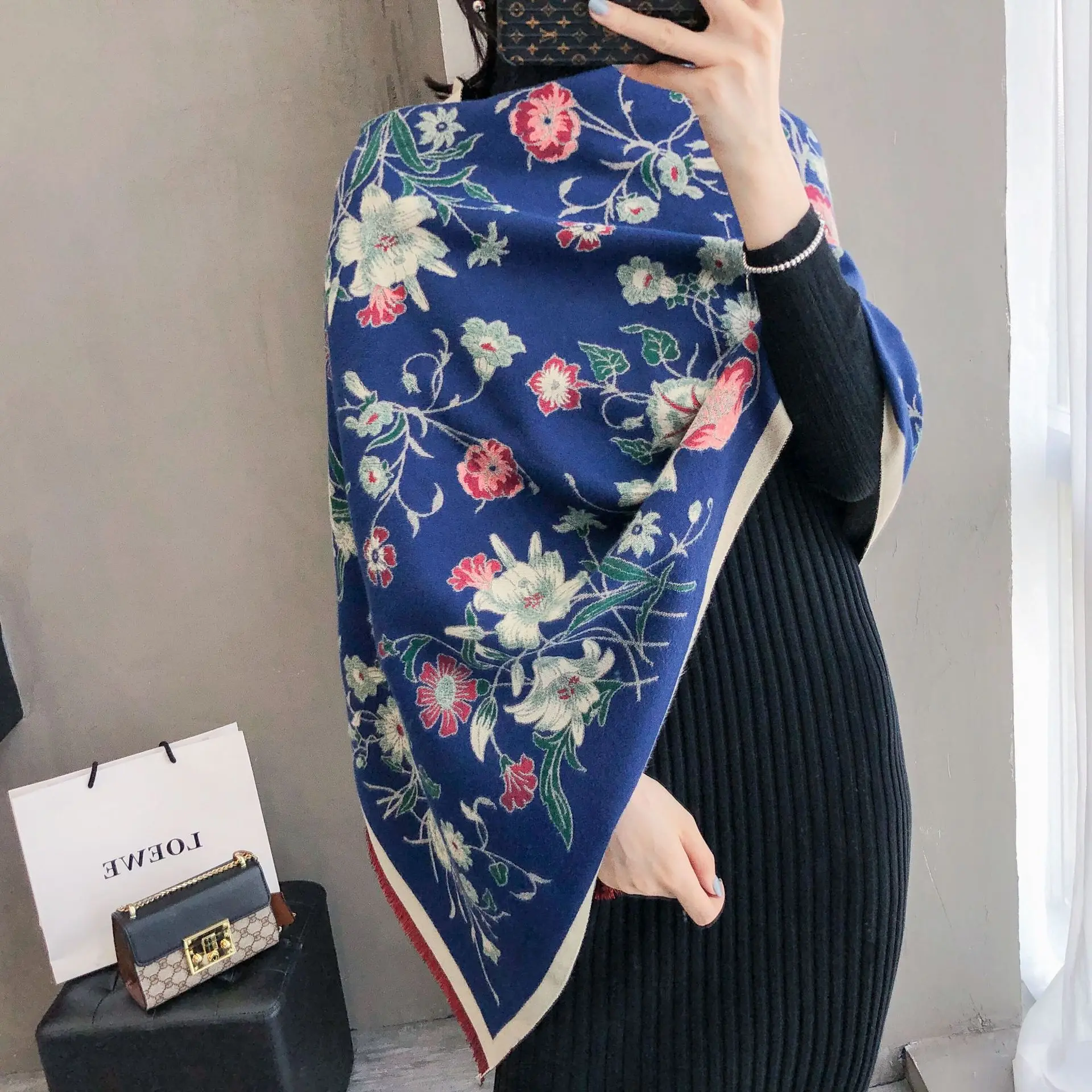 Женский кашемировый шарф с цветочным принтом элегантная Толстая теплая