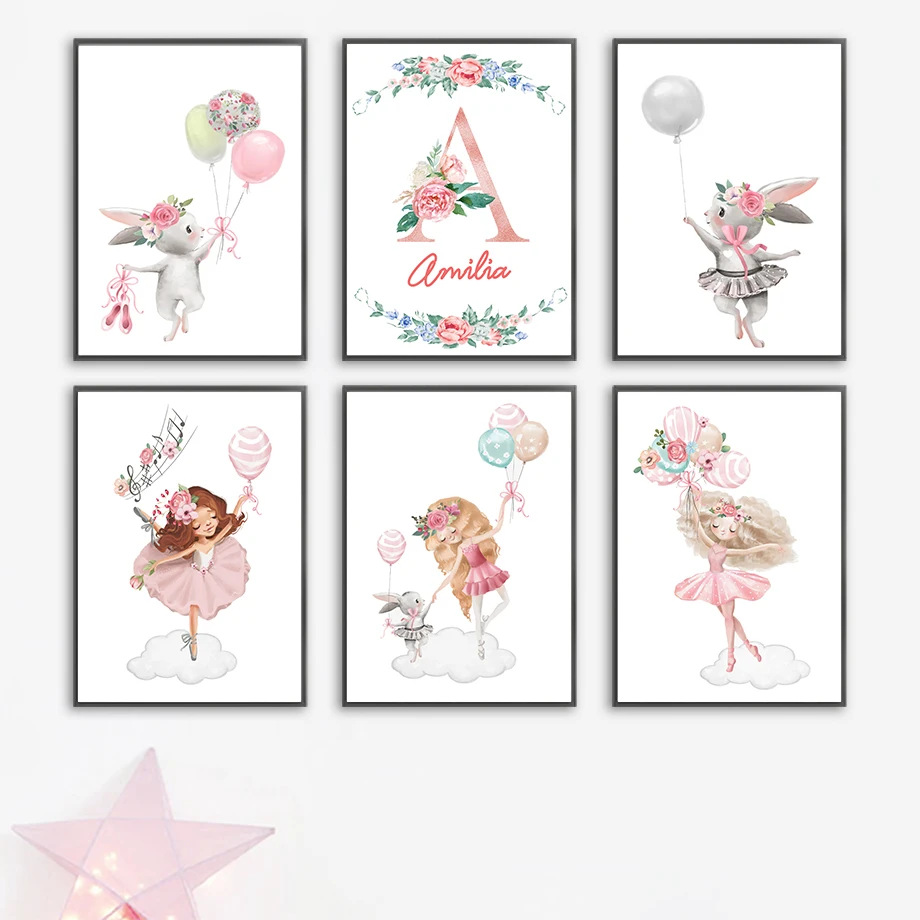 

Ballet Girl Rabbit Balloon Flowers Letter A Wall Art Canvas Painting Nordic Posters And Prints Wall Pictures For Kids Room Decor