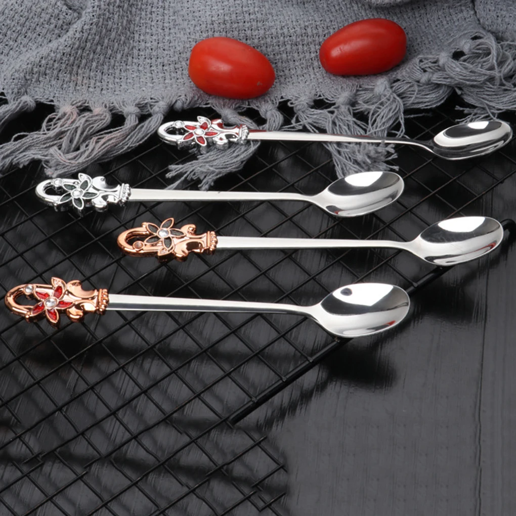 1/4pcs 304 Stainless Steel Teaspoon Long Handle Flower Head Spoon Coffee Soup Drink Cereal Dessert Dinning | Дом и сад
