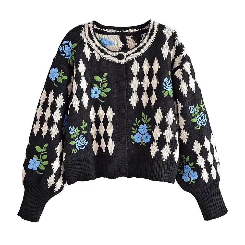 

Women Elegant Emboridery Crop Cardigan Vintage Jumper Oversized Knitted Cardigan