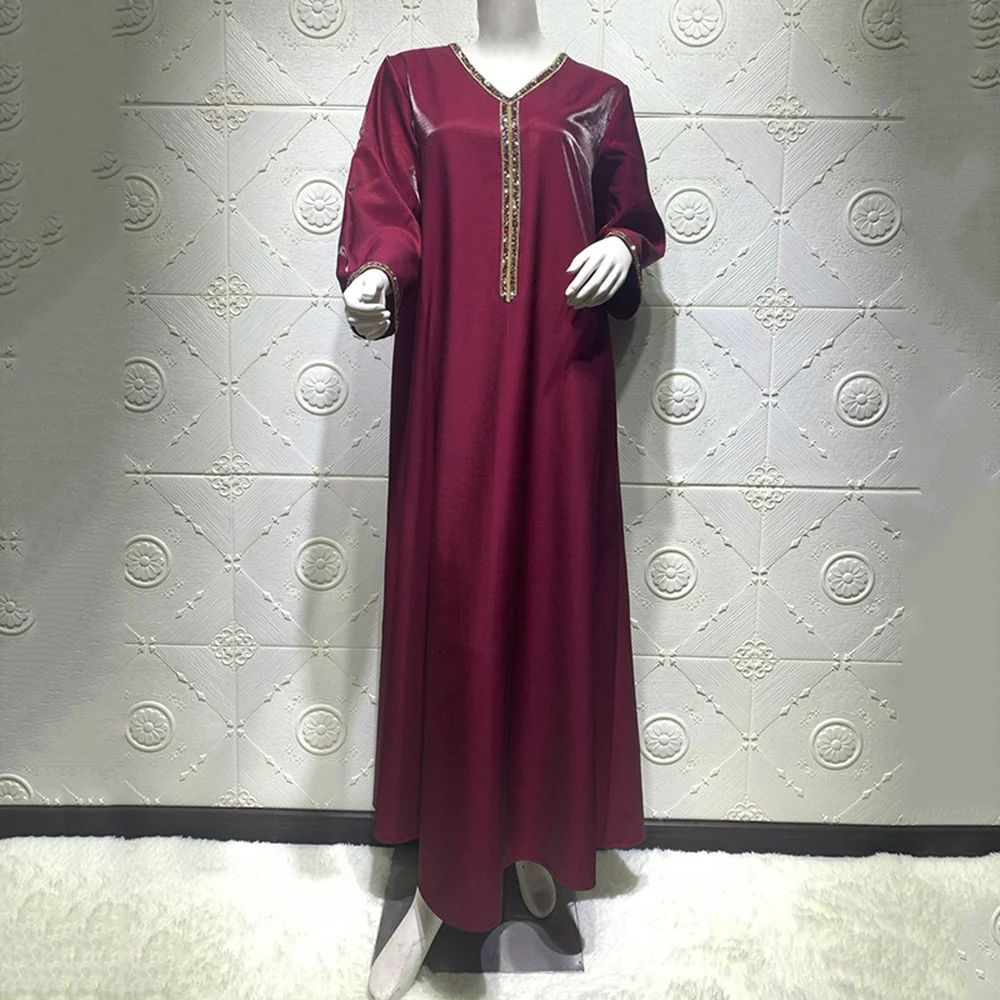 

Muslim Satin Maxi Dress Abaya Dubai Kaftan Arabic Fashion Diamond Ribbon V Neck Robe Turkey Islamic Clothing Jalabiya African