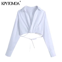 kpytomoa women 2021 sexy fashion with tie cropped white blouses vintage crossover v neck long sleeve female shirts chic tops