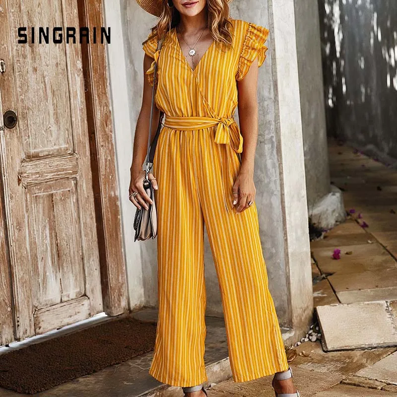 Женский хлопковый комбинезон в полоску SINGRAIN пляжный винтажный с широкими