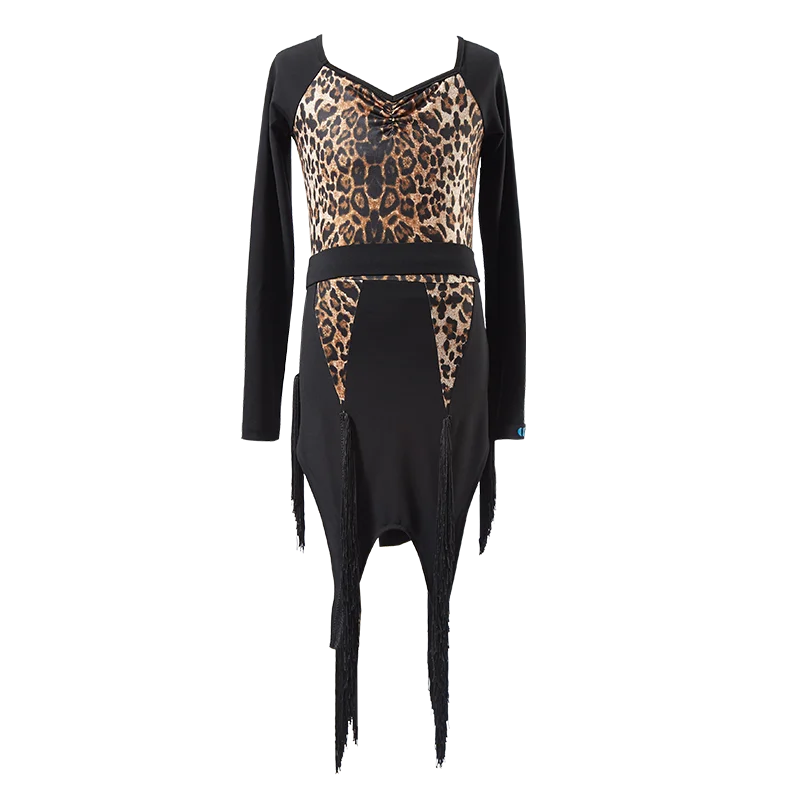 

Latin Dance Clothes For Girls Long Sleeve Black/Leopard Fringe Dress Professional Latin Performance/Practice Clothing VO1504