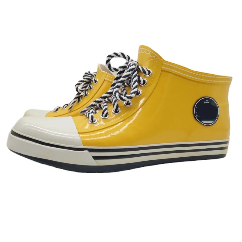 

Comfort anti-skid rubber insole bright yellow custom ankle women plastic rain boots with ties