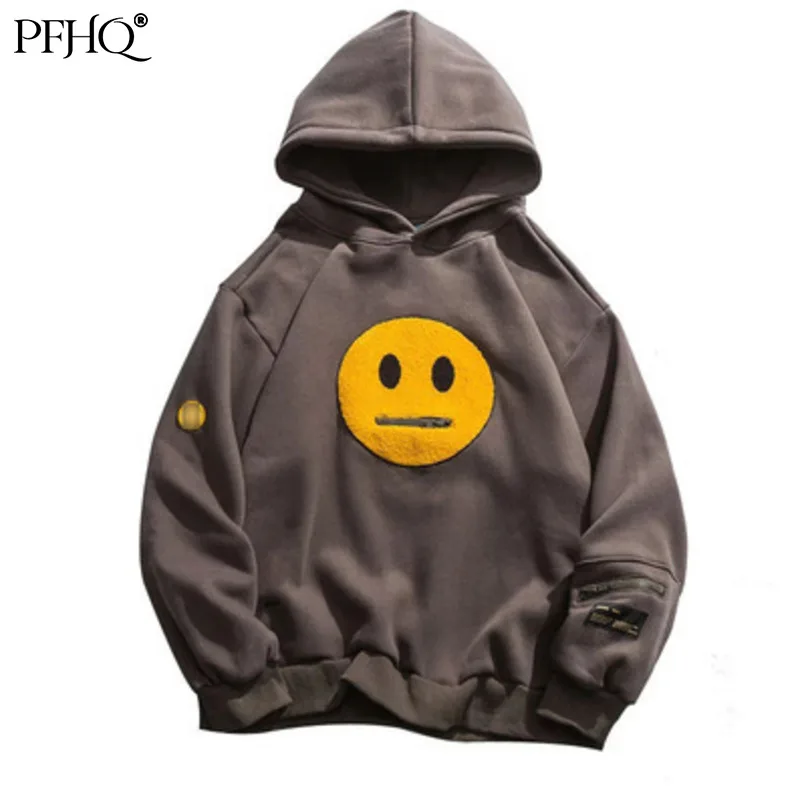 

PFHQ Zipper Pocket Smile Face Patchwork Fleece Hoodies Sweatshirts Streetwear Mens Hip Hop Casual Pullover Hooded Male Tops 1145