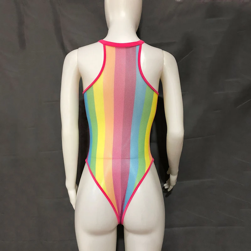 Боди женское Сетчатое в яркую полоску облегающий прозрачный комбинезон с