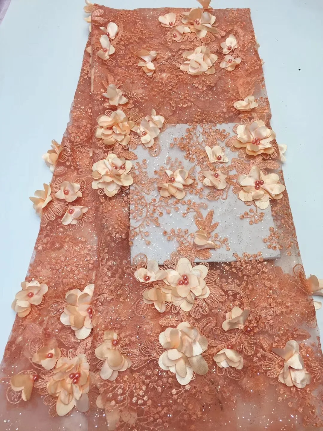 

Nigerian Lace Fabrics For Wedding 2019, African French Lace Fabric High Quality 3D Lace, Orange Lace Applique RF382