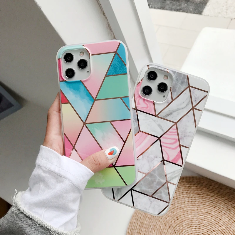 

Plating Geometric Phone Case For iPhone 7 8 SE 7 8 Plus X XS XR 11 12mini 12pro 12promax Soft IMD Marble Phone Back Cover Cases